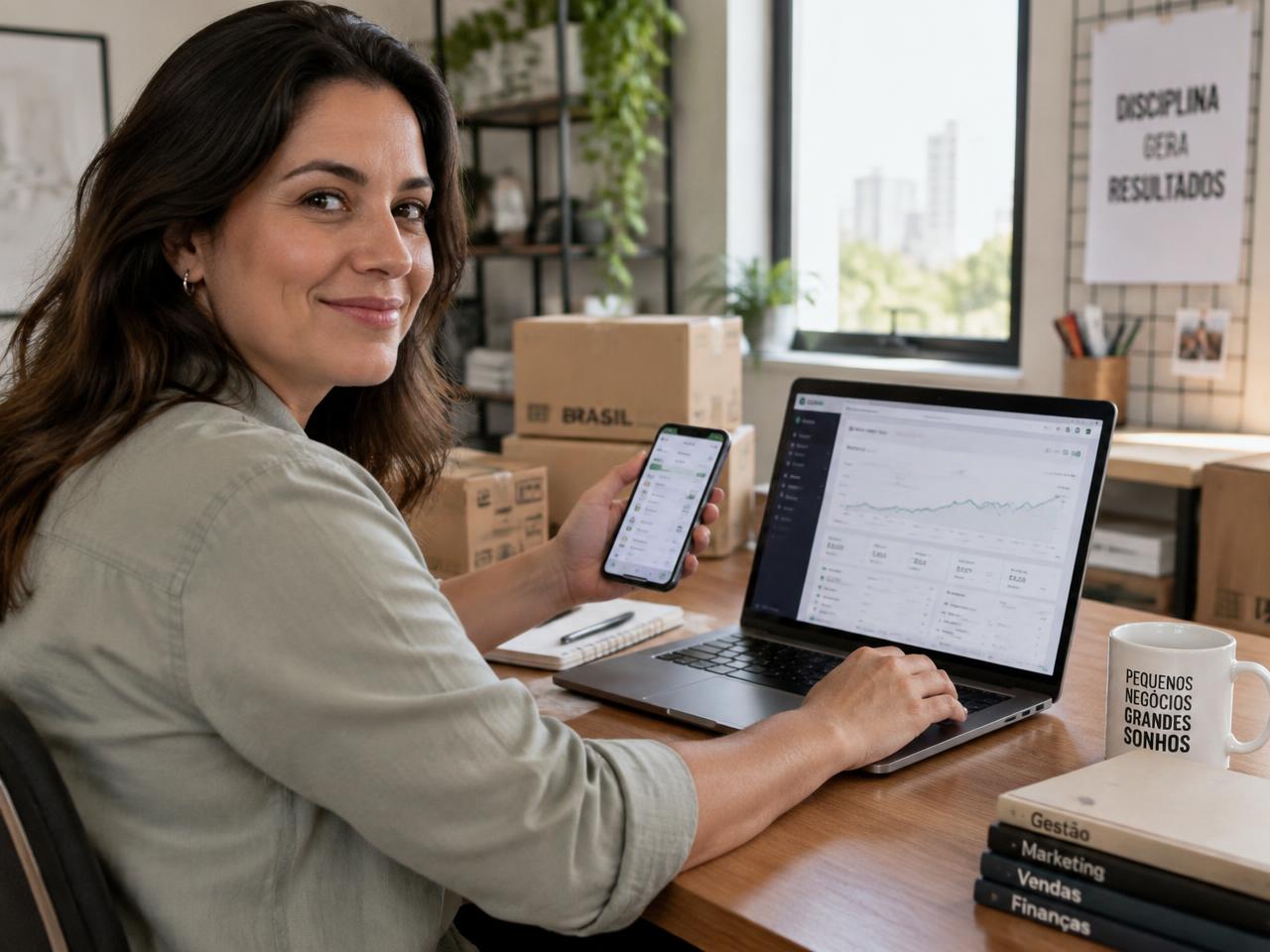 Empreendedora usando notebook com painel de gestão e smartphone com aplicativo