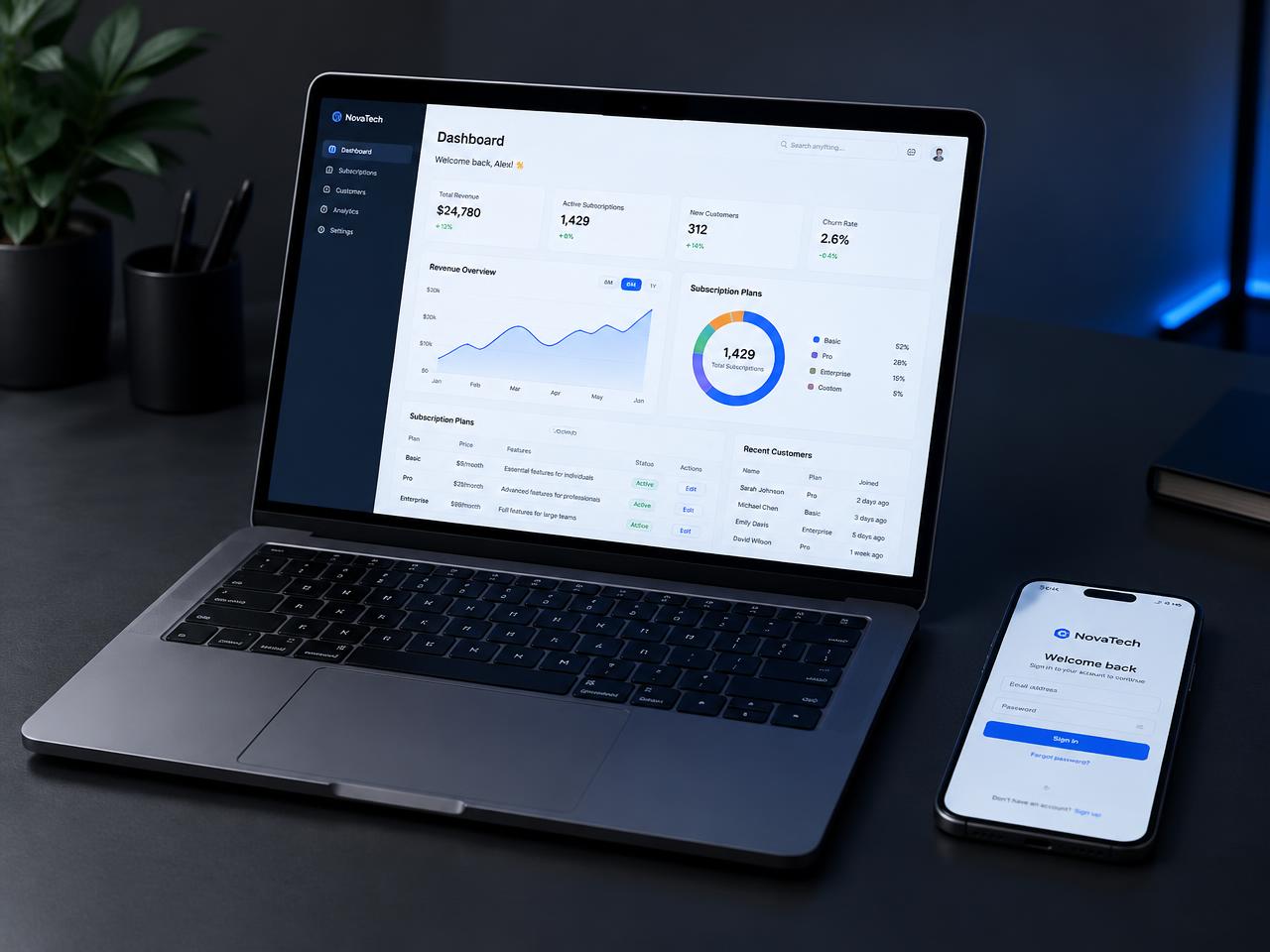 Notebook com painel administrativo e planos, ao lado de smartphone com tela de login